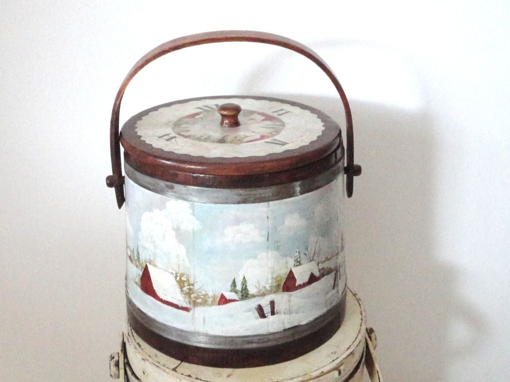 SIGNED BY THE ARTIST HAND PAINTED HOLIDAY SUGAR BUCKET PROBABLY USED AS A COOKIE CONTAINER FOR A GIFT AT CHRISTMAS TIME. FANTASTIC WELL DONE PAINTED BUCKET AND SIGNED MARTIN .THIS IS SUCH A GREAT PIECE OF FOLK ART WITH A HOLIDAY TWIST.