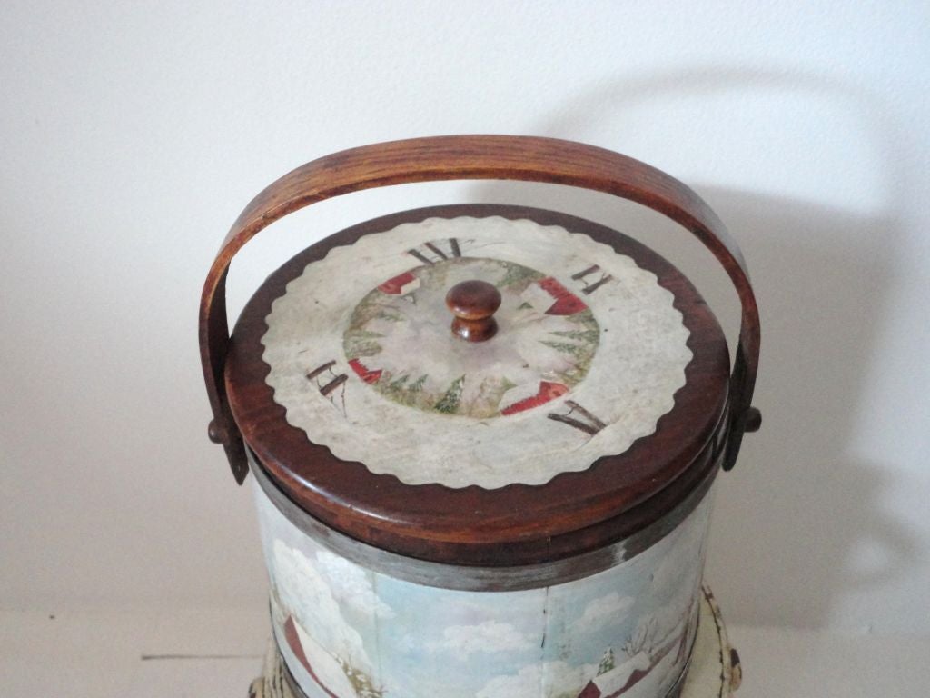 American Fantastic Early 20thc Hand Painted Sugar Bucket W/snow Scene