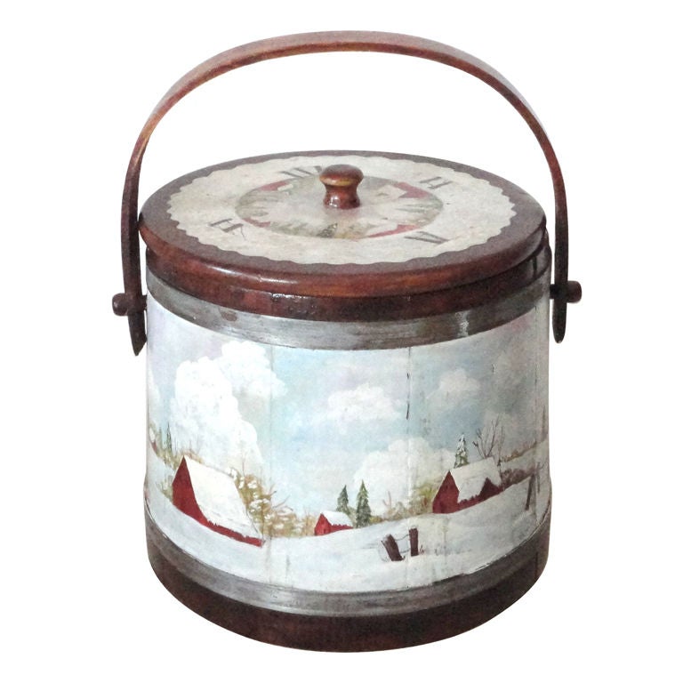 Fantastic Early 20thc Hand Painted Sugar Bucket W/snow Scene