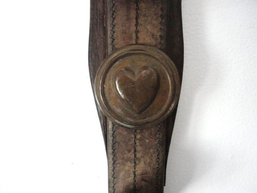 American 19thc String Of Bells On Leather W/ Heart Medal In The Center