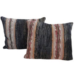 Pair of Early 20thc Rag Rug Pillows w/ Linen Backing