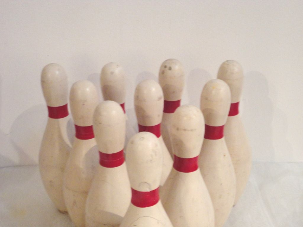 Mid-20th Century Set Of Ten Bowling Pins W/ Two Balls