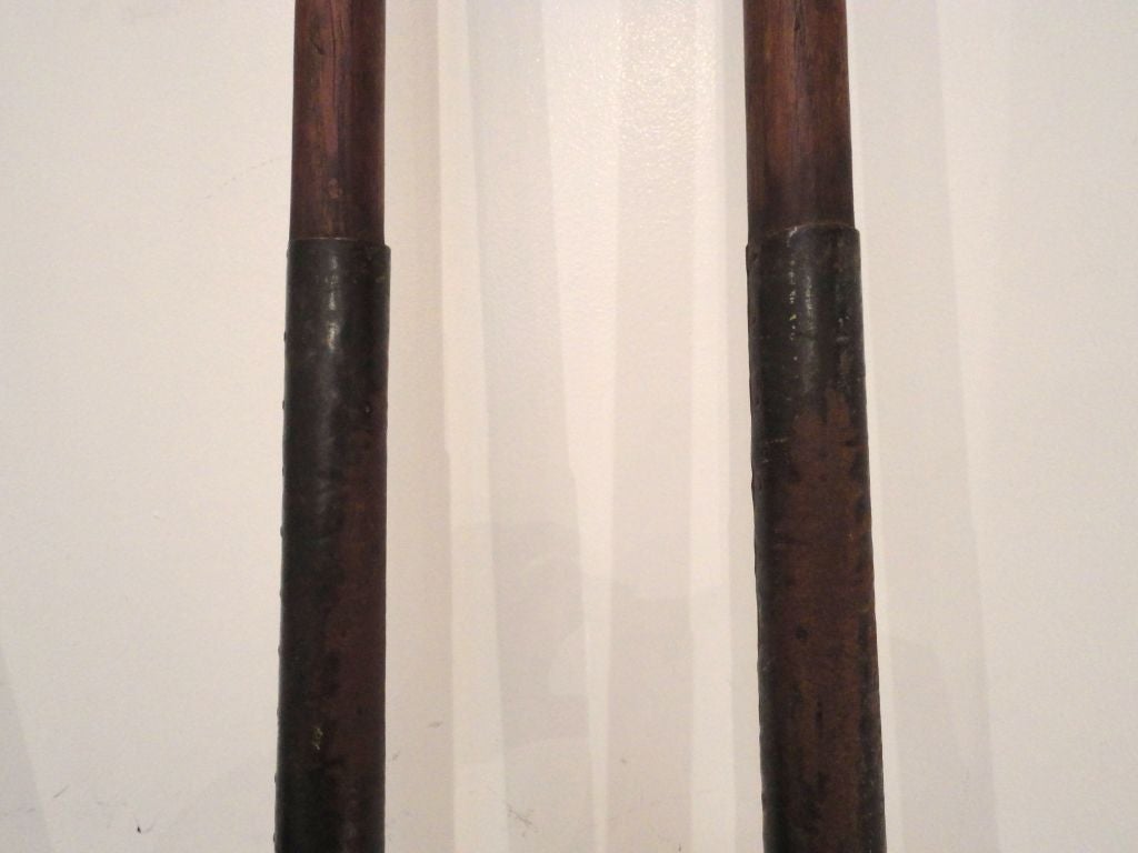 Wood Pair Of Rustic 19thc  Oars With Original Metal Bands From N.e.