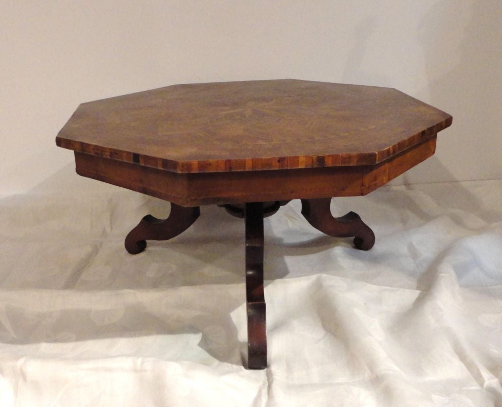 American 19thc Folky Inlaid Wood Octagonal Small Table