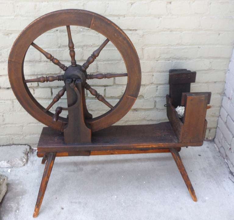 American Early 18th Century Original Red Painted Spinning Wheel from New England