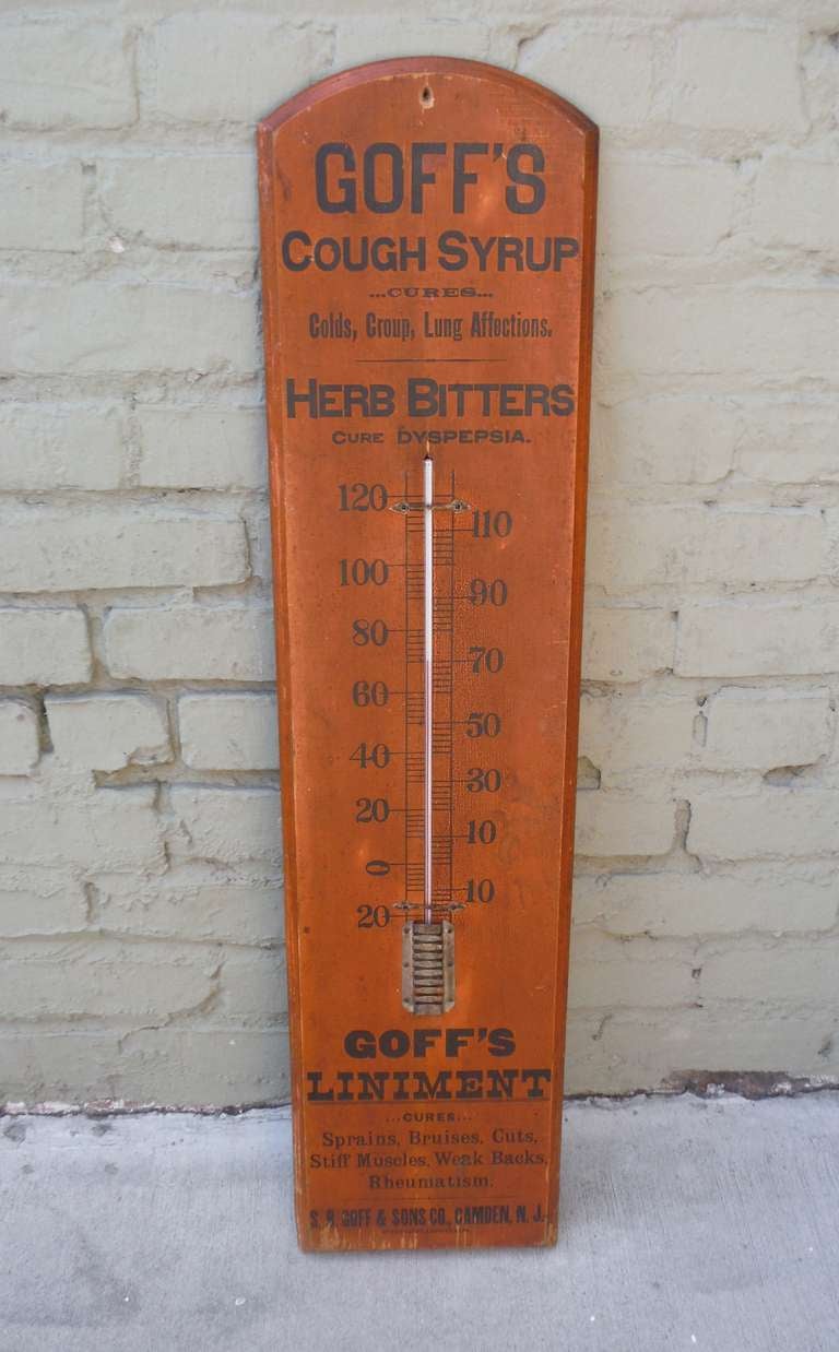 Rare and unusual 19th century original painted thermometer with amazing untouched surface. The glass and tin is all original. Reads Cures, Colds, Group, Lung Affections, Herb Bitters, Cures Dyspepsia/at the bottom it reads : GOFF'S LINIMENT, Cures :