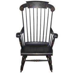 Antique 19thc Original Black Painted & Stenciled Fruit Boston Rocking Chair