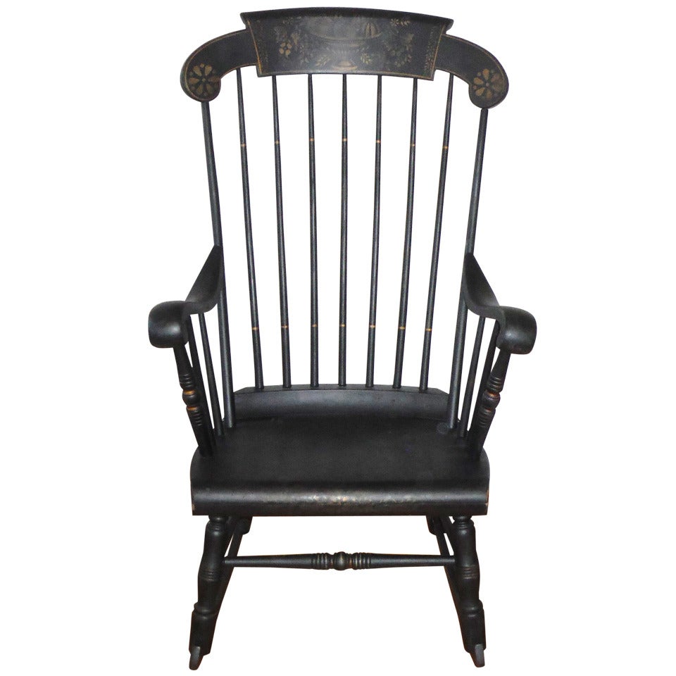 19thc Original Black Painted & Stenciled Fruit Boston Rocking Chair