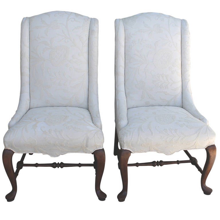 Pair Of Tall Back Wing Chairs Upholstered In Crewel Work Fabric At Pair Of Tall Back Wing Chairs Upholstered In Crewel Work Fabric For