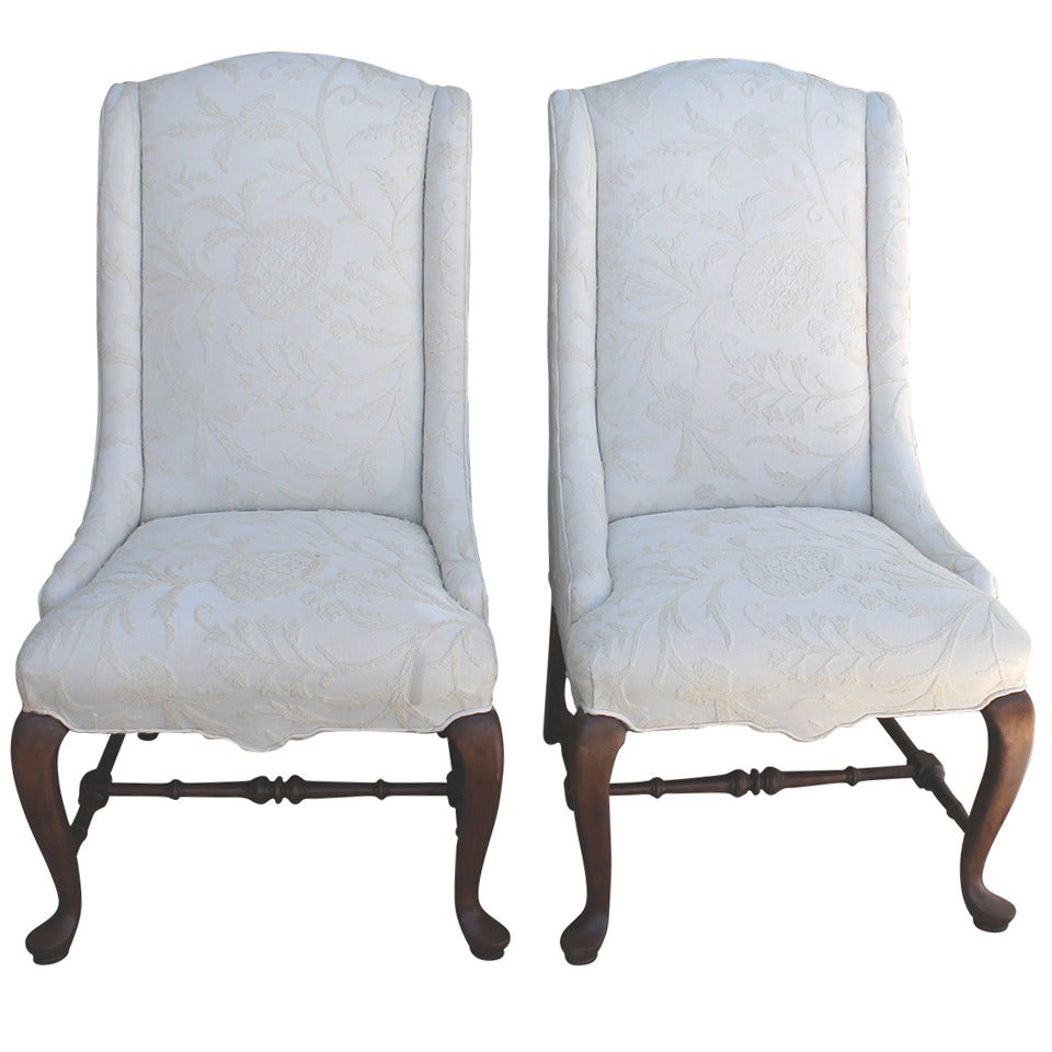Pair of Tall Back Wing Chairs Upholstered in Crewel Work Fabric