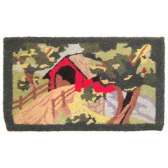 Folky Mounted Covered Bridge Hand Hooked Rug From Pennsylvania