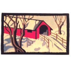 Mounted Hand Hooked Covered Bridge Rug From Pennsylvania Vintage Mounted Hand Hooked Covered Bridge Rug From Pennsylvania