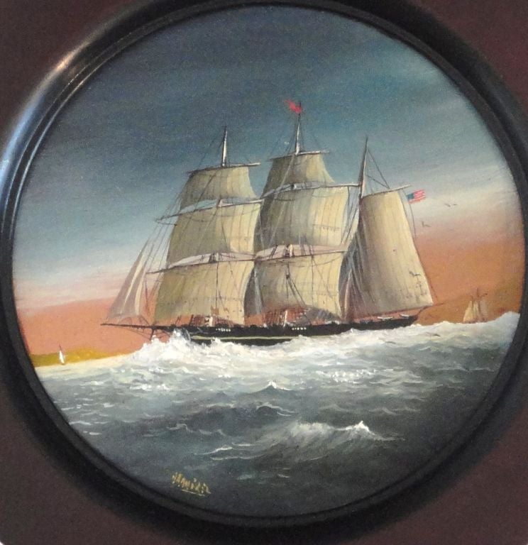 19THC NEW ENGLAND ROUND NAUTICAL PAINTING OF SHIP AT SEA WITH THE AMERICAN FLAG FLYING ON THE RIGHT LARGE SAIL.THIS WONDERFUL WELL DONE OIL ON COPPER IS SIGNED IN THE LOWER LEFT CORNER OF THE PAINTING.THIS FINE DETAILED PAINTING WAS IN A PRIVATE