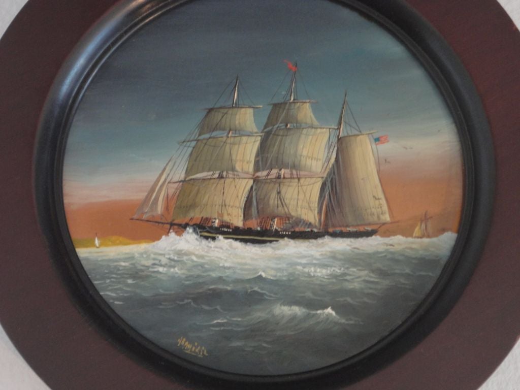 19th Century Signed 19thc Nautical Painting On Copper In Original Frame