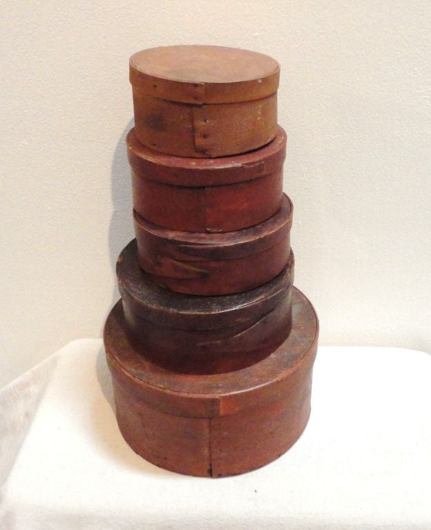 Stack Of Five 19thc Bittersweet/salmon Painted Pantry Boxes