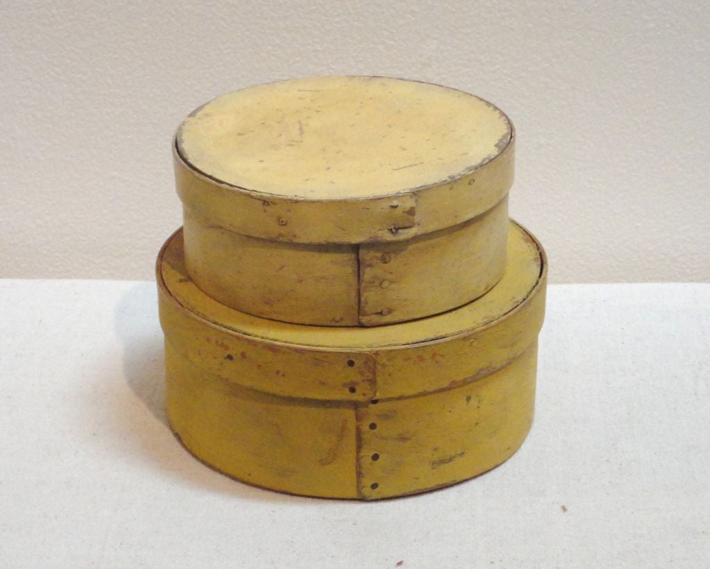 PAIR OF 19THC ORIGINAL MUSTARD PAINTED PANTRY BOXES .FANTASTIC COLOR AND GOOD CONDITION.SOLD AS A PAIR. SMALL 6 LONG X 2 1/2 HIGH.THE LARGER IS 3 HIGH X 7 LONG.