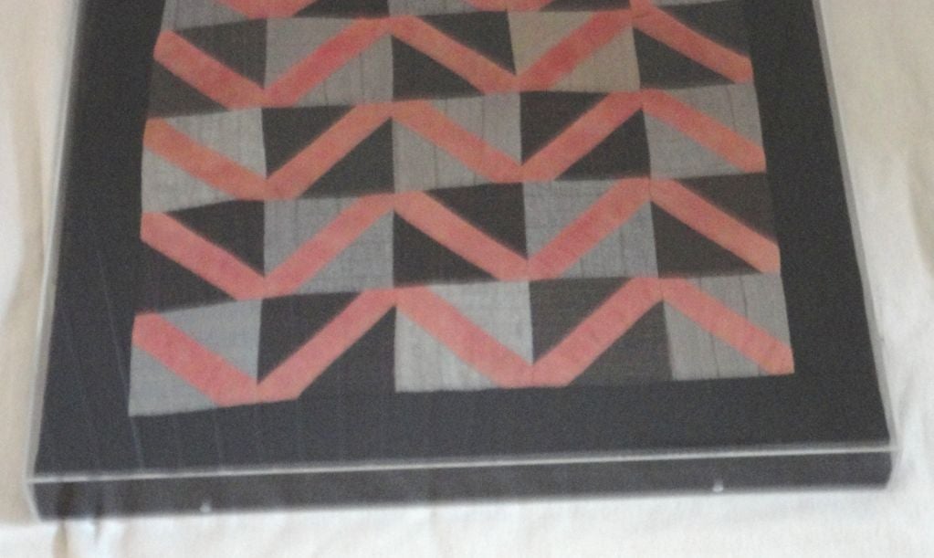 Folk Art 1930s Amish Wool Doll Quilt in Plexy Frame in a Zig Zag Pattern For Sale