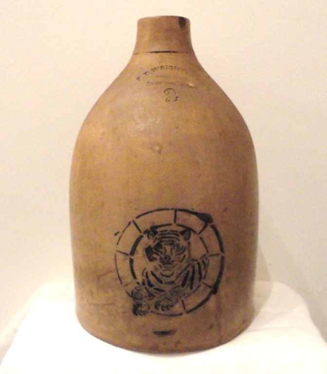 American Fantastic 19THC Decorated Tiger Stoneware Signed Pottery Jug