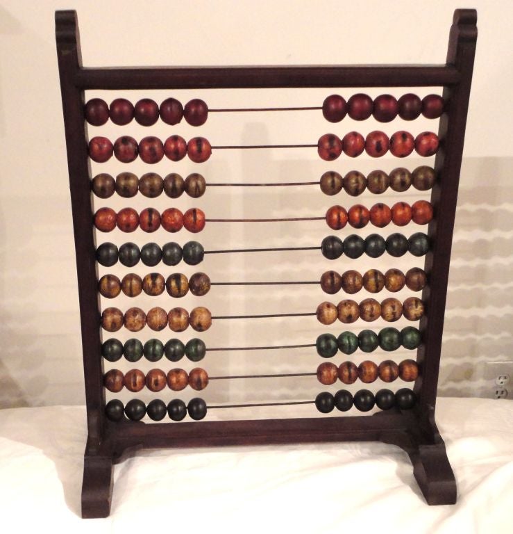 FANTASTIC 19THC ORIGINAL PAINTED TABLE TOP ABACUS .THESE WONDERFUL ORIGINAL  PAINTED BALLS WERE USED FOR DOING  ARITHMETIC FOR CHILDREN. THIS IS A LARGE SIZE FOR TABLE TOP OR ON A SCHOOL TEACHERS DESK.WONDERFUL HANDMADE CONSTRUCTION AND CONDITION.
