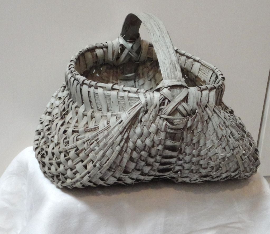 Folk Art 19th Century Original Grey Painted Honey Basket from Pennsylvania For Sale