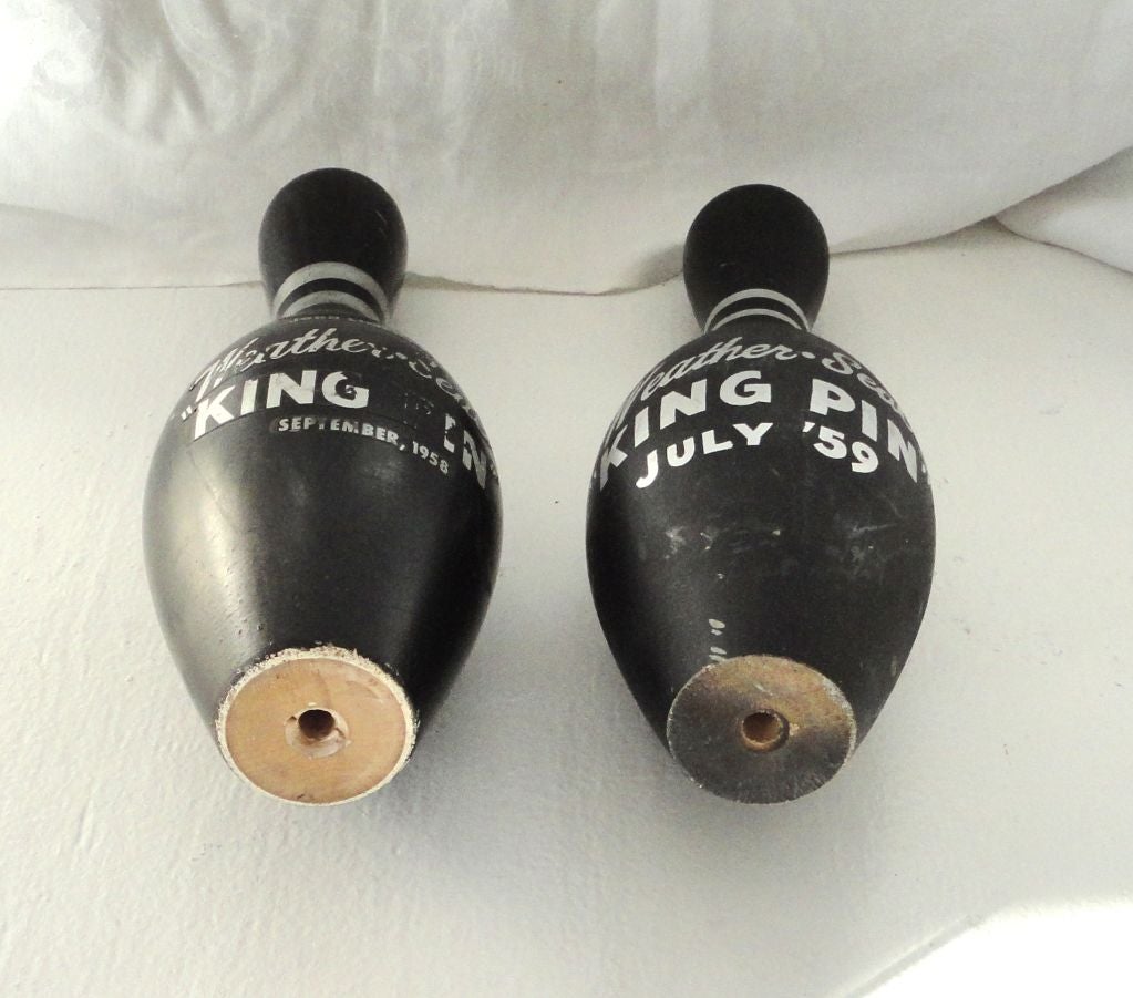 Wood Pair of Bowling Pins Original Black Painted Branded 'WeatherSeal