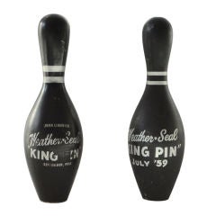 Vintage Pair of Bowling Pins Original Black Painted Branded 'WeatherSeal