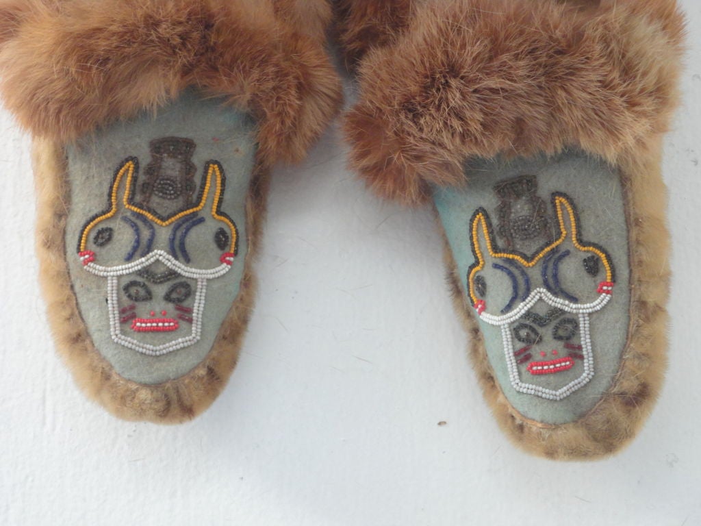 American Pair Of Indian Beaded  Seal skin Moccasin's With Fox Fur Trim