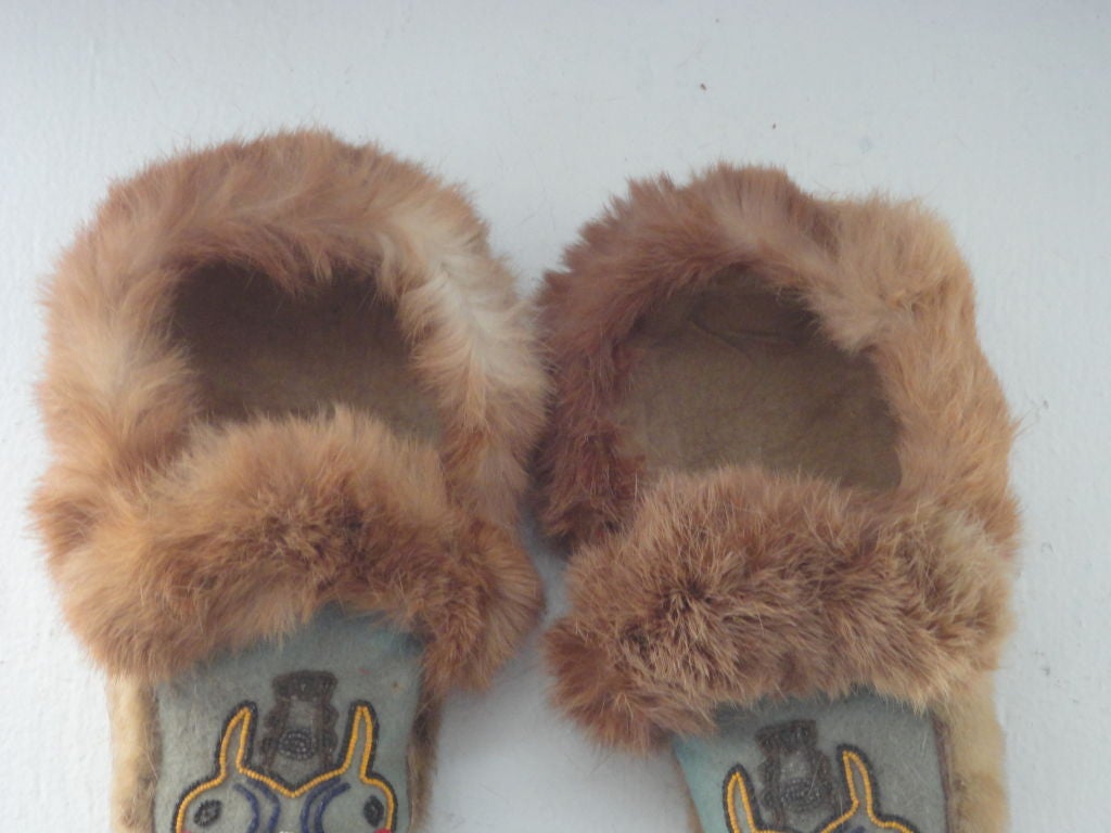 19th Century Pair Of Indian Beaded  Seal skin Moccasin's With Fox Fur Trim