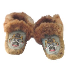 Pair Of Indian Beaded  Seal skin Moccasin's With Fox Fur Trim