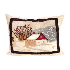 Hand Hooked Rug Pillow With Snow Scene On Linen