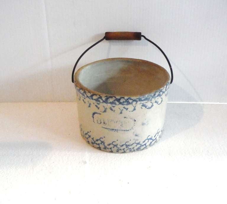 Rare 19thc Sponge Ware Butter Crock W/ Original Handle