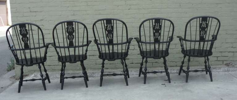 American Set of 5 Original Black Painted Brace Back Windsor Chairs