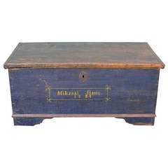 19th Century Original, Blue Painted Blanket Chest