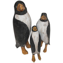 Hand-Carved and Original Painted Folk Art Penguin Family