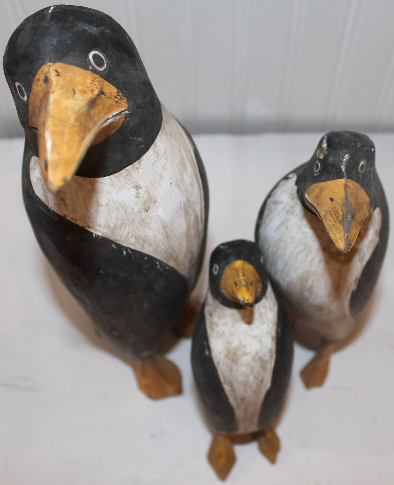 Country Hand-Carved and Original Painted Folk Art Penguin Family