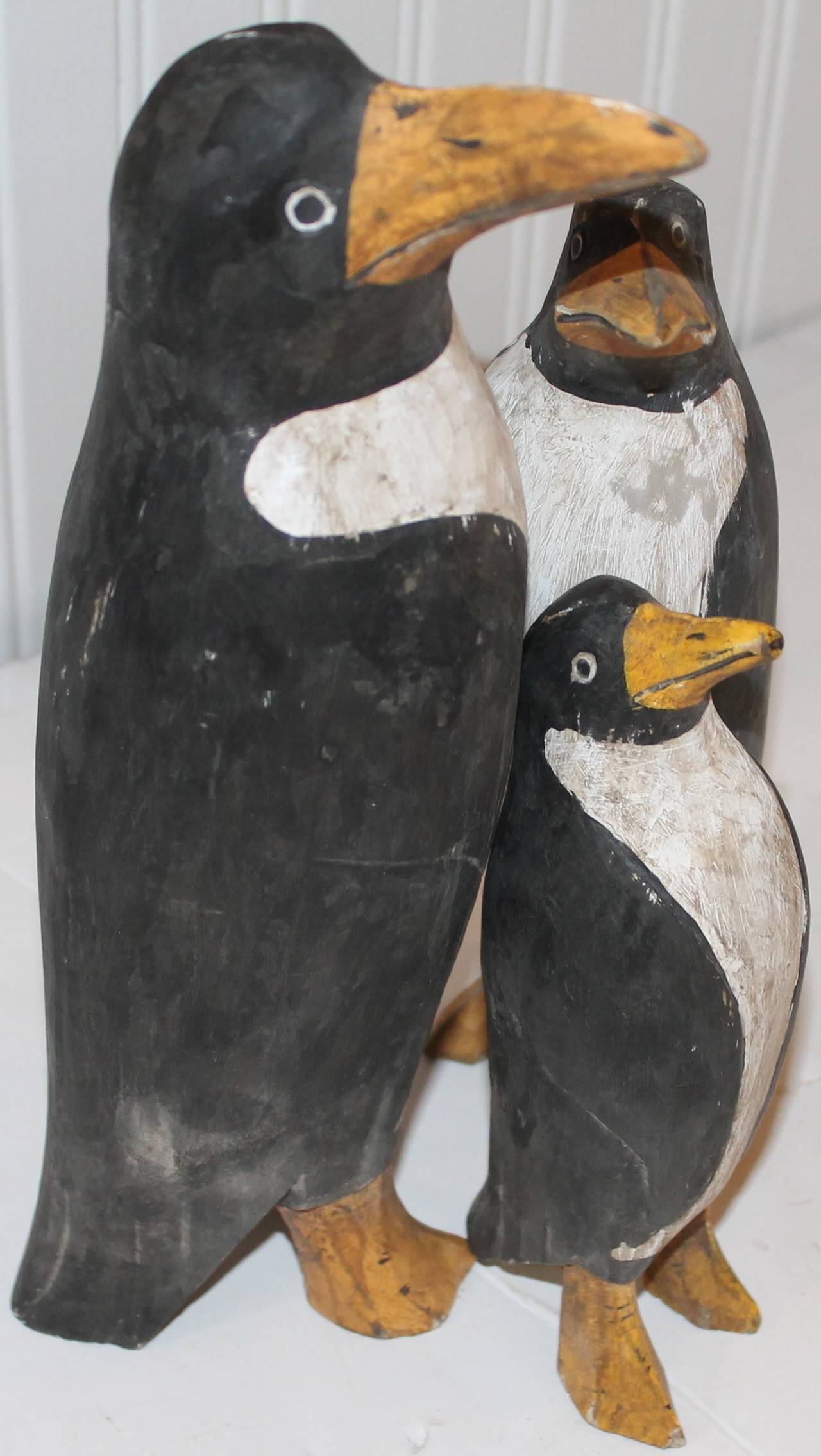 American Hand-Carved and Original Painted Folk Art Penguin Family