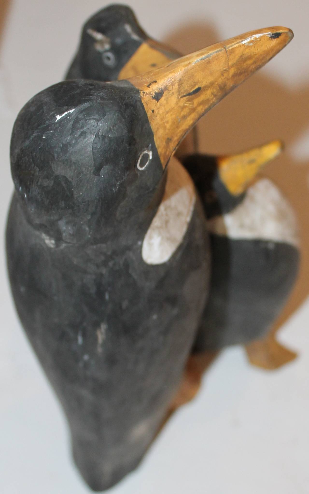 Hand-Carved and Original Painted Folk Art Penguin Family In Distressed Condition In Los Angeles, CA