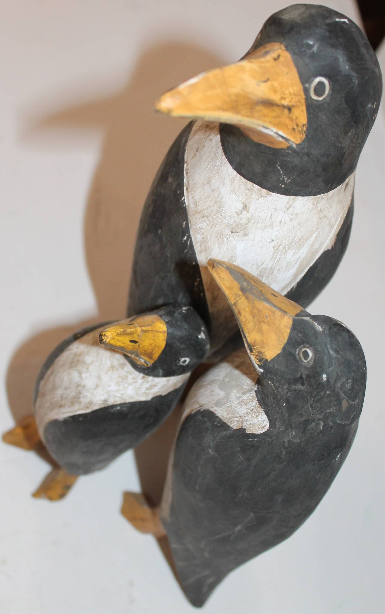 Mid-20th Century Hand-Carved and Original Painted Folk Art Penguin Family