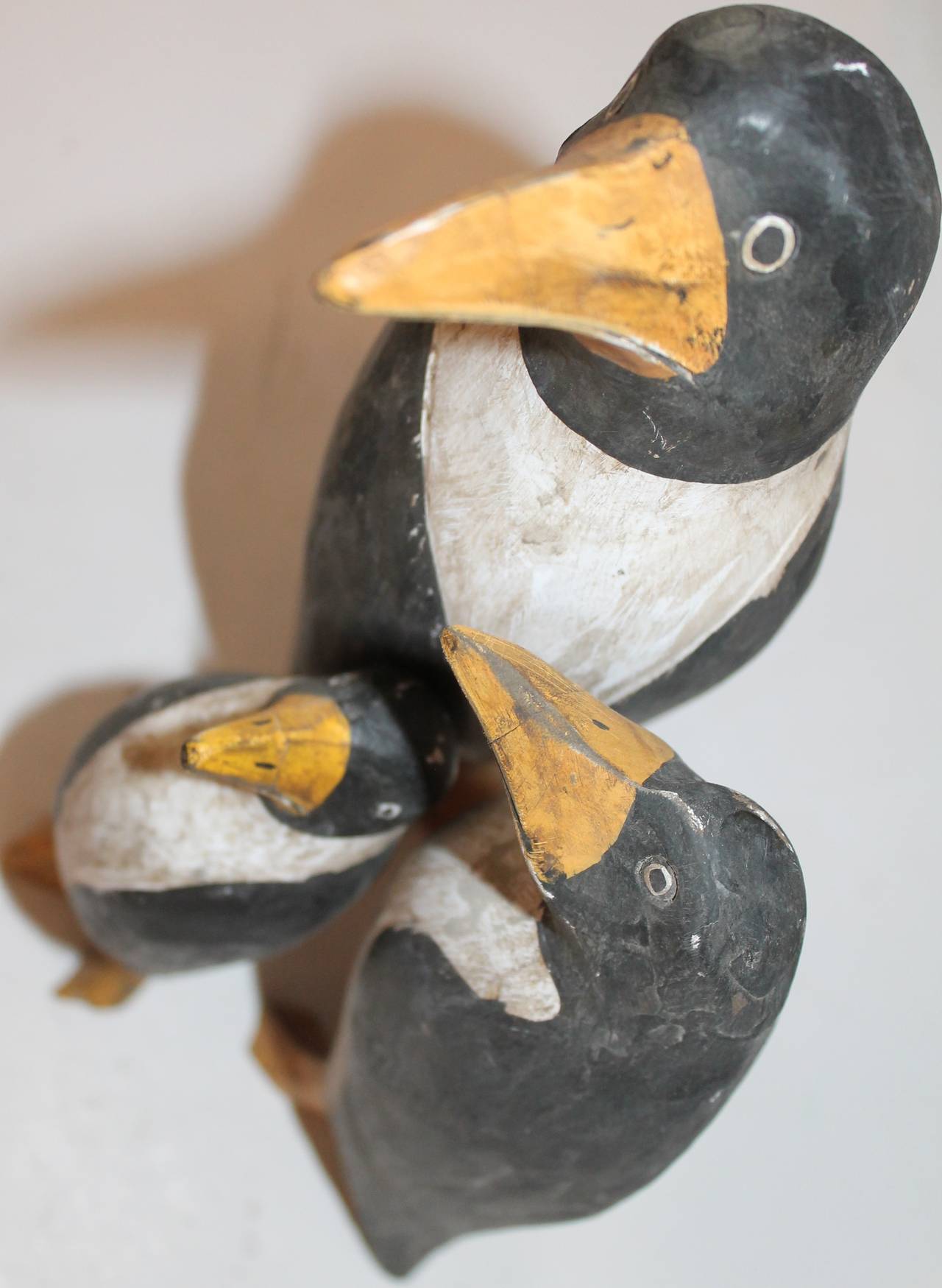 Wood Hand-Carved and Original Painted Folk Art Penguin Family