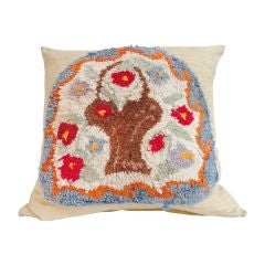 Vintage Hand Hook Rug Mat On Linen Fabric Pillow