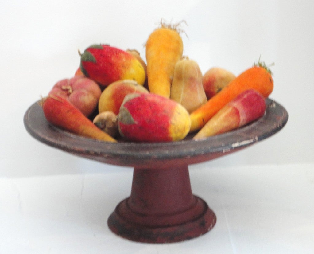 Rare Collection Of Velvet Fruit On 19thc Red Painted Wood Stand