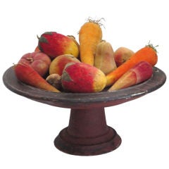 Rare Collection Of Velvet Fruit On 19thc Red Painted Wood Stand