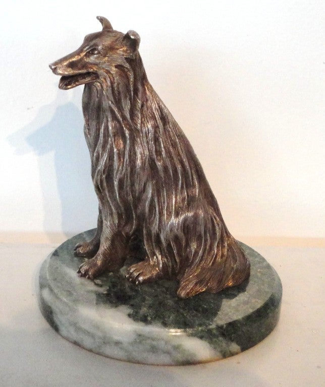 American Sterling Silver Large Cast Dog On Marble Base Signed Sarnoff Art