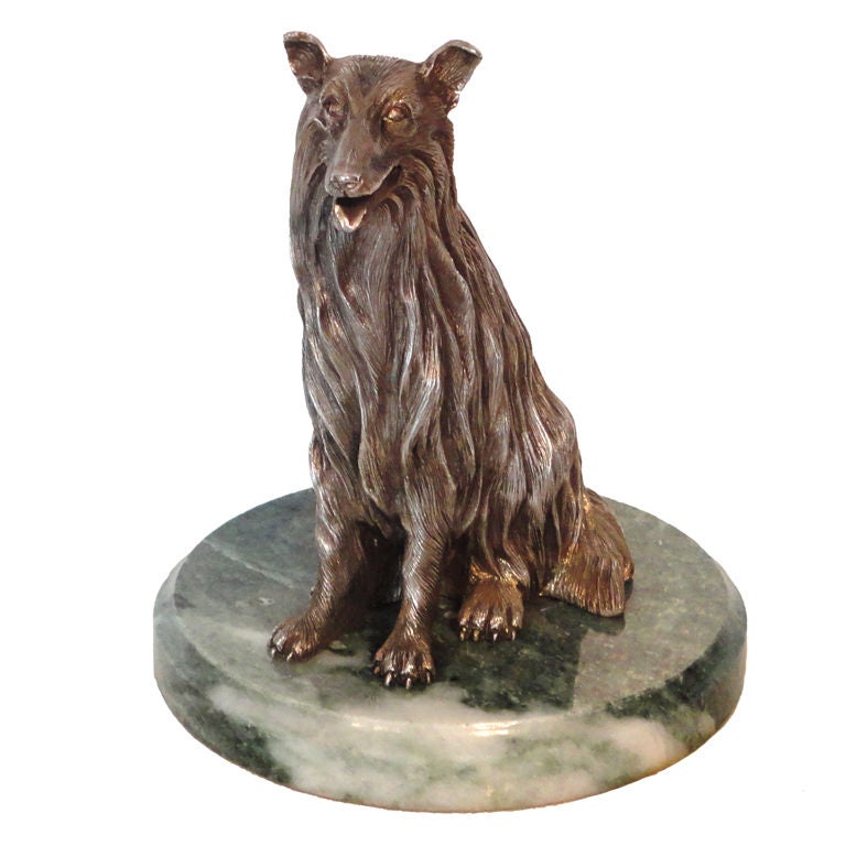 Sterling Silver Large Cast Dog On Marble Base Signed Sarnoff Art