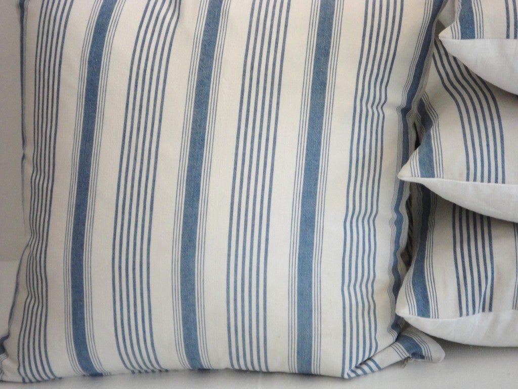American Fantastic 19thc Light Blue & White ticking Pillows w/Linen Back