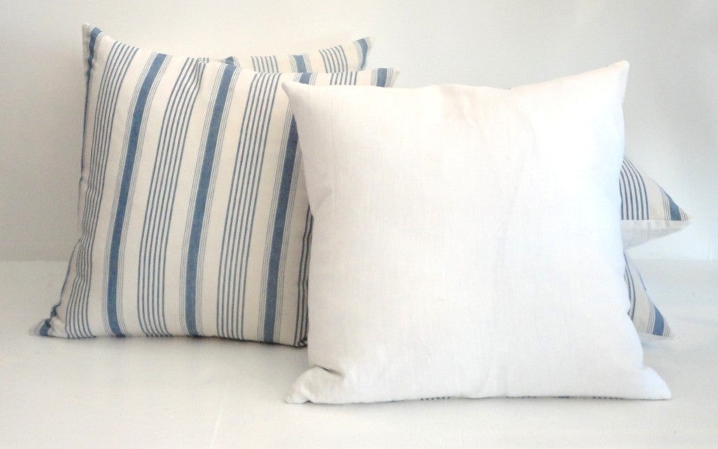 19th Century Fantastic 19thc Light Blue & White ticking Pillows w/Linen Back