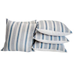 Fantastic 19thc Light Blue & White ticking Pillows w/Linen Back