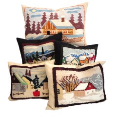 Group Of  Five Rare Miniature Hand Hooked Rug Pillows