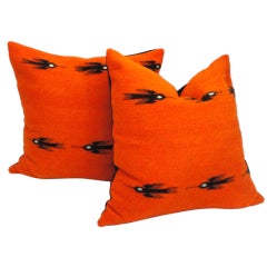 Vintage Fantastic Mexican Indian Weaving Pillows In Orange/Chimayo