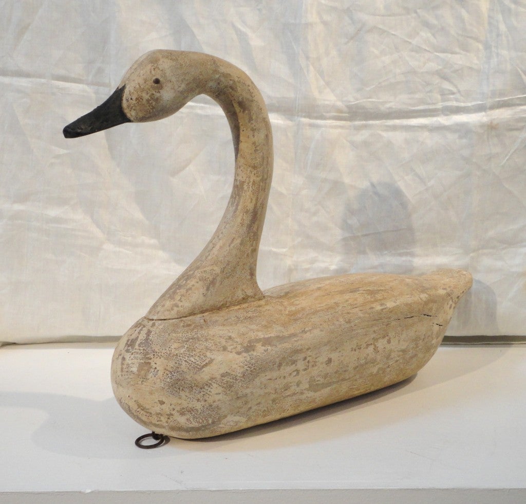 Fantastic giant 19thc original painted cream colored goose with a black painted beak .The original eyes are painted tin.This heavy goose has a lead weight in its body and a metal ring for pulling in the water.The surface and patina on this big bird